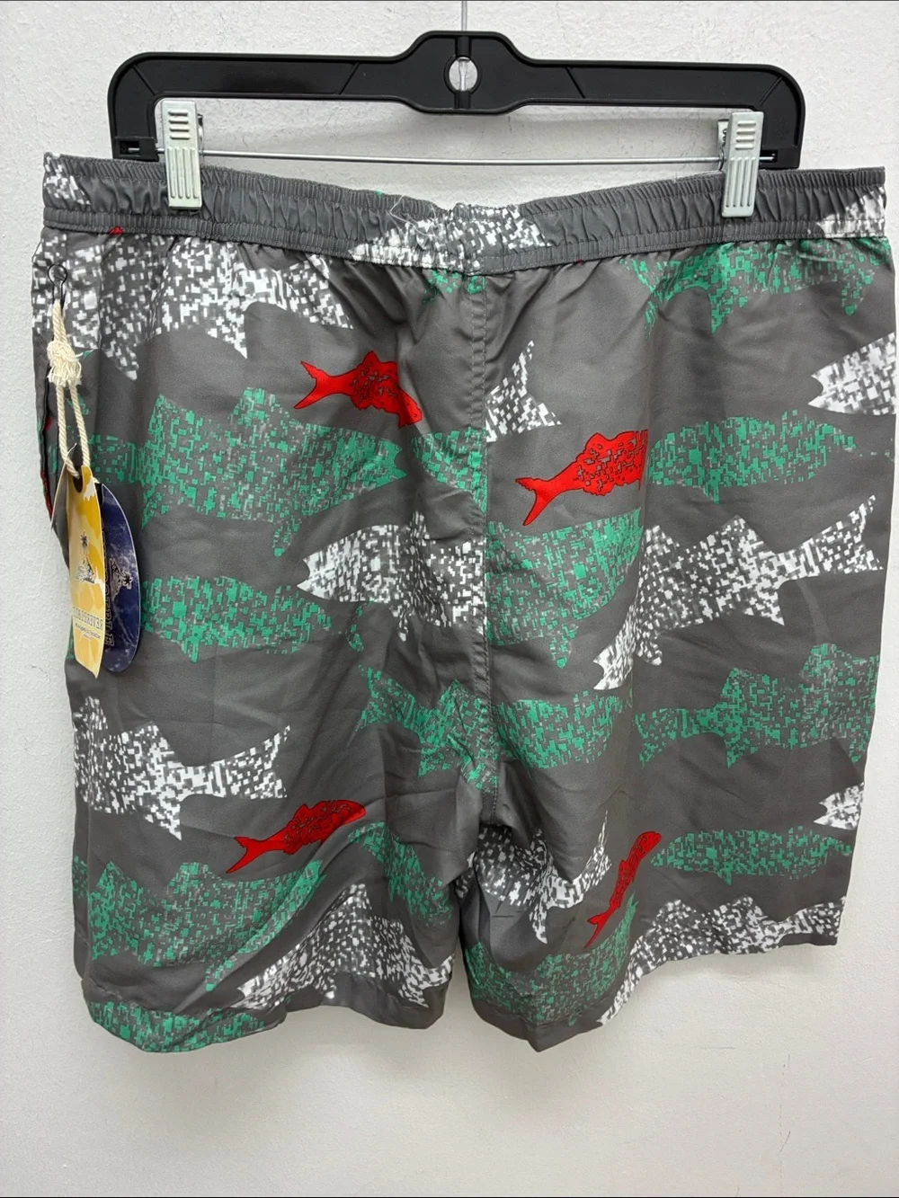 Gray Fish-Print Swim Trunks with Green & Red Accents